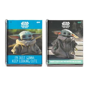 Kit 2 Cadernos Star Wars Baby Yoda Keep Looking e 50 Years 1 Matéria 80 Folhas