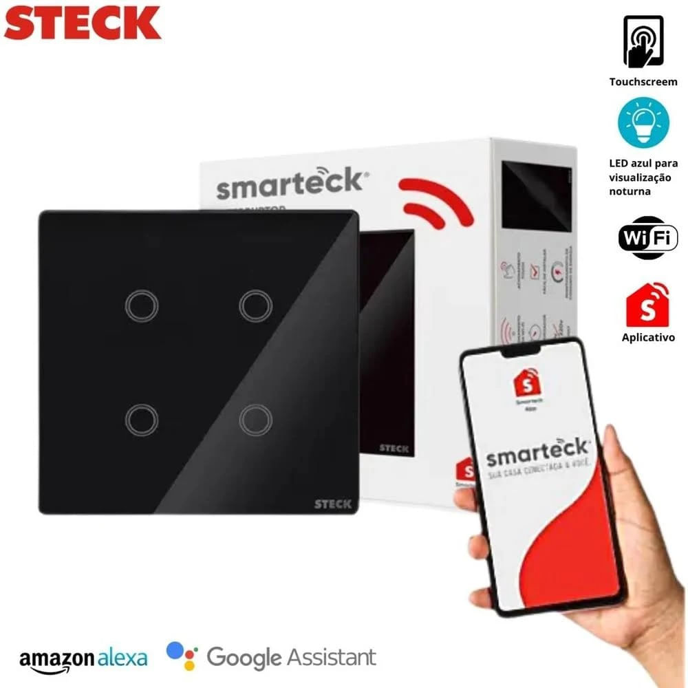 Interruptor Touch Wi-Fi Smarteck 4 X 4 4modulos Preto Biv. Ref.SMCI4PS2 - Steck - Imagem 2
