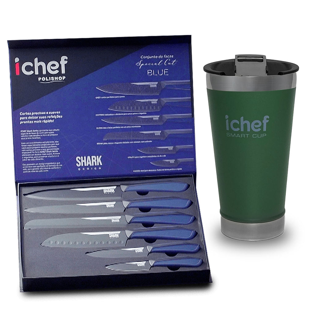 Conjunto de Facas Special Cut Blue Duo e Copo Térmico Com Tampa Smart Cup 600ml Ichef
