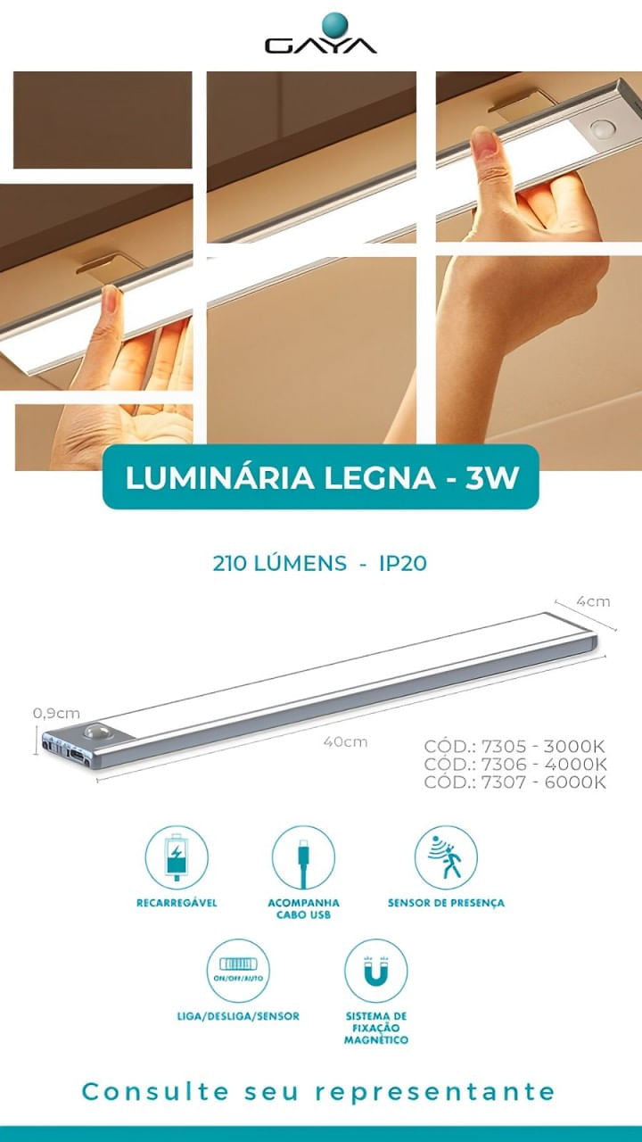 Luminária Led Legna Magnética C/Sensor BR 40CM 3W 210Lms Bivolt - Gaya - Imagem 6