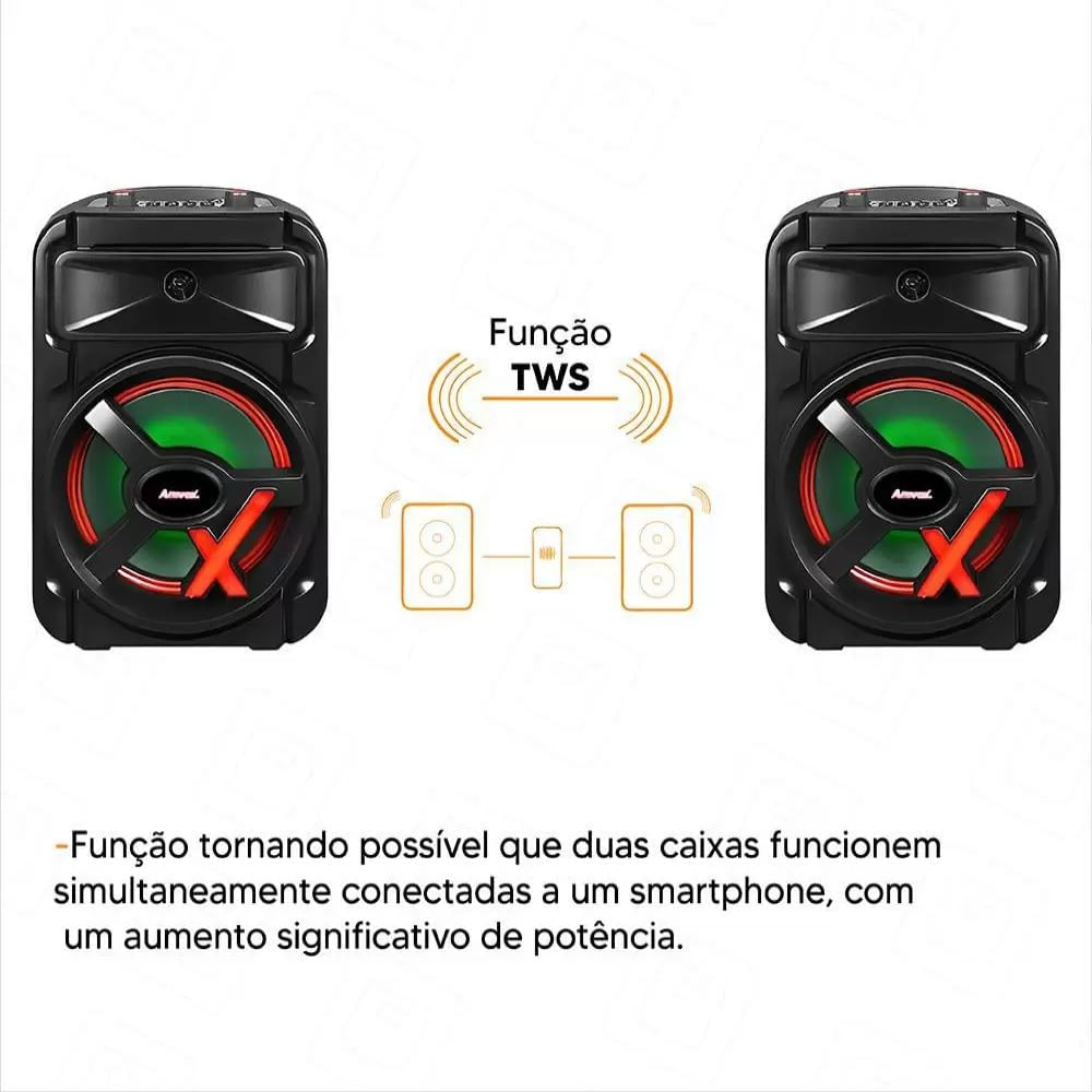 CAIXA AMPLIFICADA 250W AMVOX ACA251 TWS LED WOOFER 8 BATERIA RECARREGAVEL BIV - Imagem 4