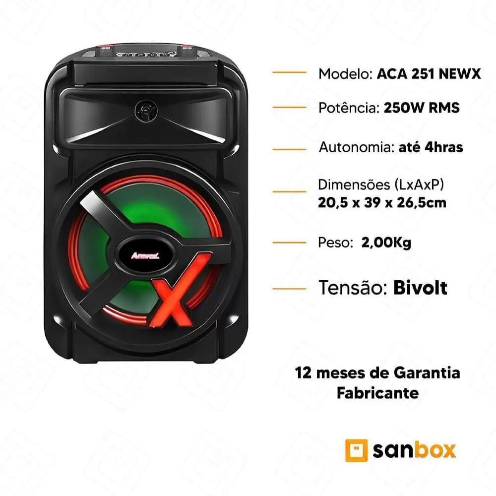 CAIXA AMPLIFICADA 250W AMVOX ACA251 TWS LED WOOFER 8 BATERIA RECARREGAVEL BIV - Imagem 3