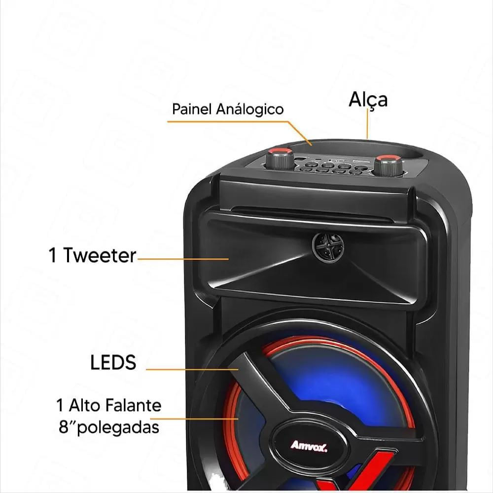 CAIXA AMPLIFICADA 250W AMVOX ACA251 TWS LED WOOFER 8 BATERIA RECARREGAVEL BIV - Imagem 5