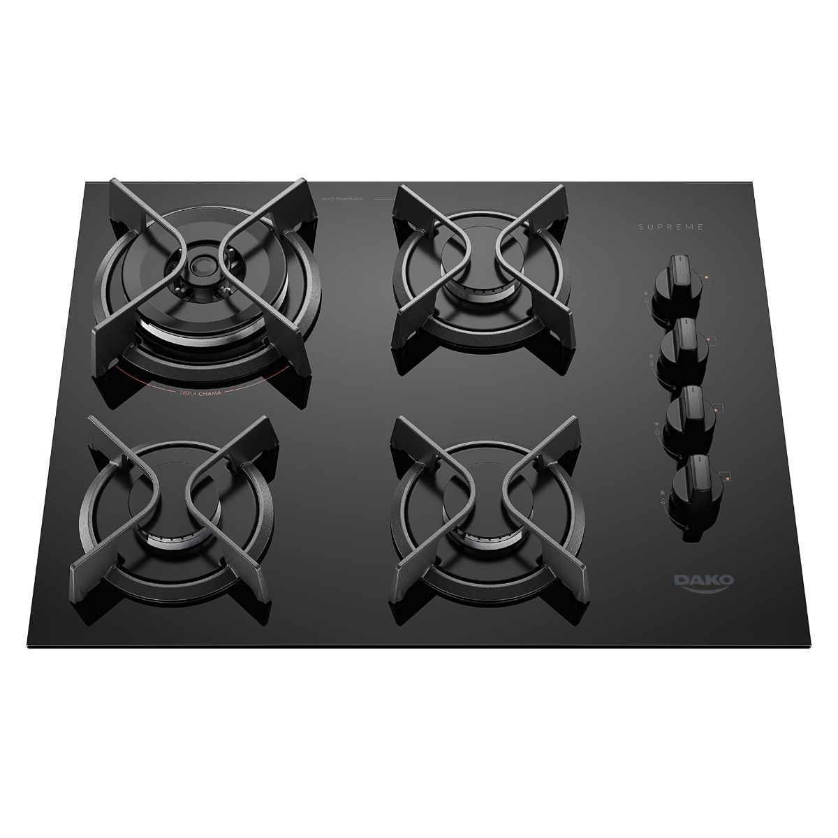 Cooktop 4 Bocas Preto com Mesa de Vidro e Tripla Chama Dako Supreme Bivolt