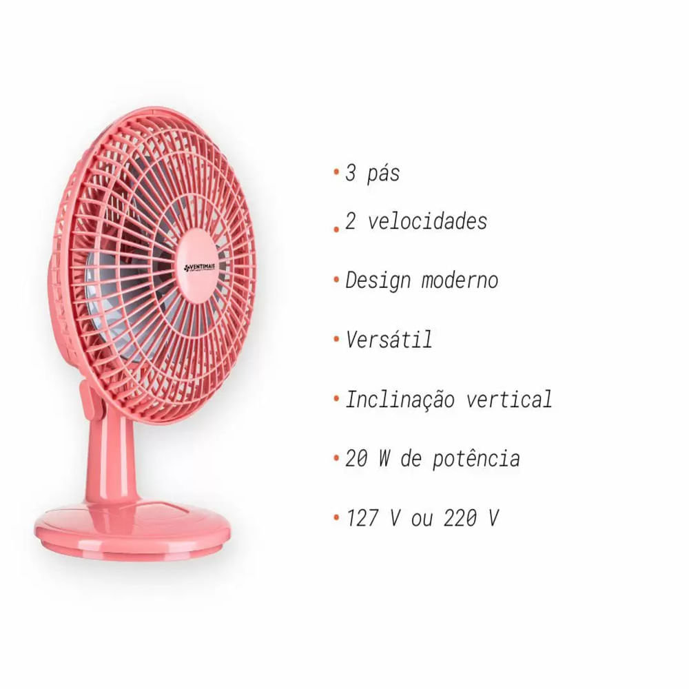 Ventilador Mini 20cm Ventimais Turbo 2 Vel Rosa/Prata 110v - Imagem 2