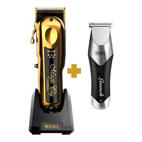 Kit Máquina de Cortar Cabelo Wahl Magic Clip Cordless Gold Bivolt + Máquina de Acabamento Wahl Launch Trimmer Bivolt .