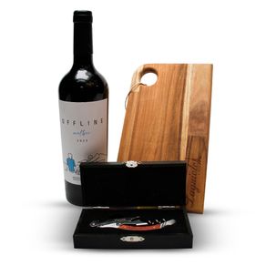 Kit Vinho Offline Malbec, Saca-rolhas Com Caixa E Tábua De Aperitivo