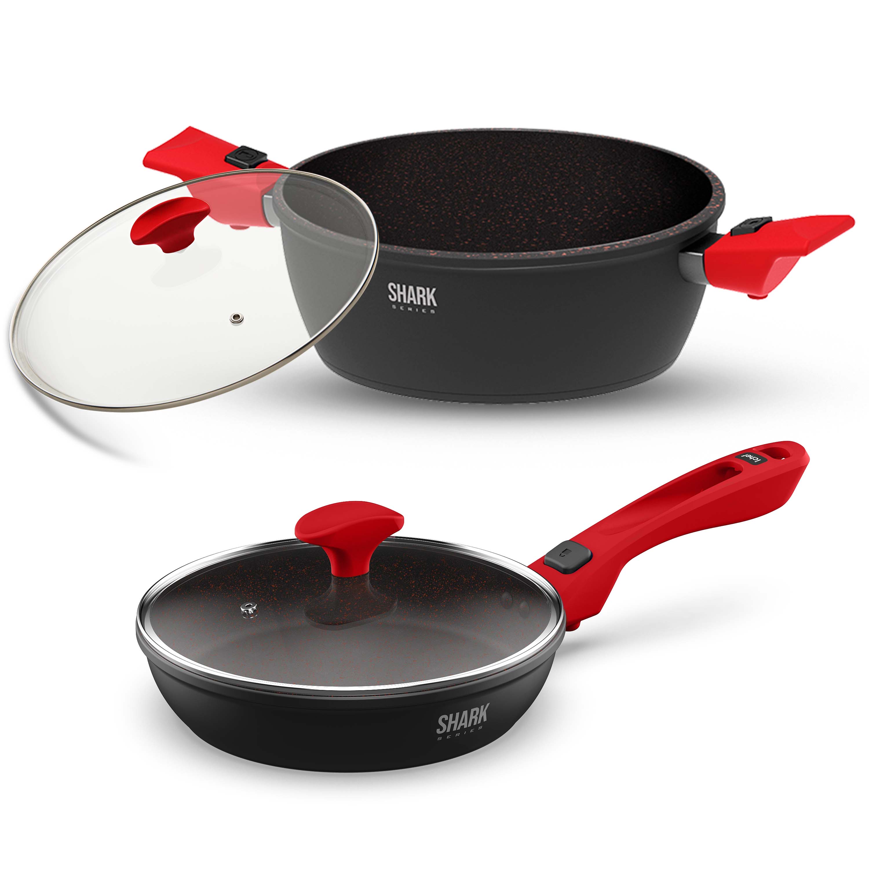 Panelas Ichef Ultra Family Size 24cm, Sauté Petit 20cm com Tampas de Vidro Vermelha