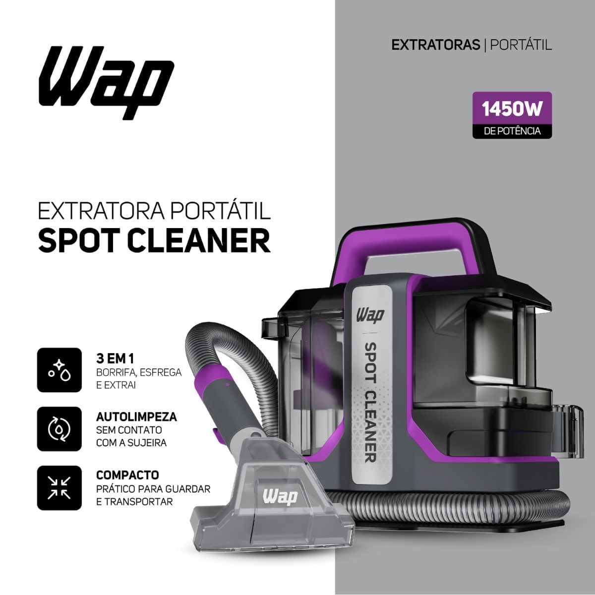 Extratora Portátil 3 Em 1 WAP SPOT CLEANER W3 1450w Cinza/Roxo 127v - Imagem 3