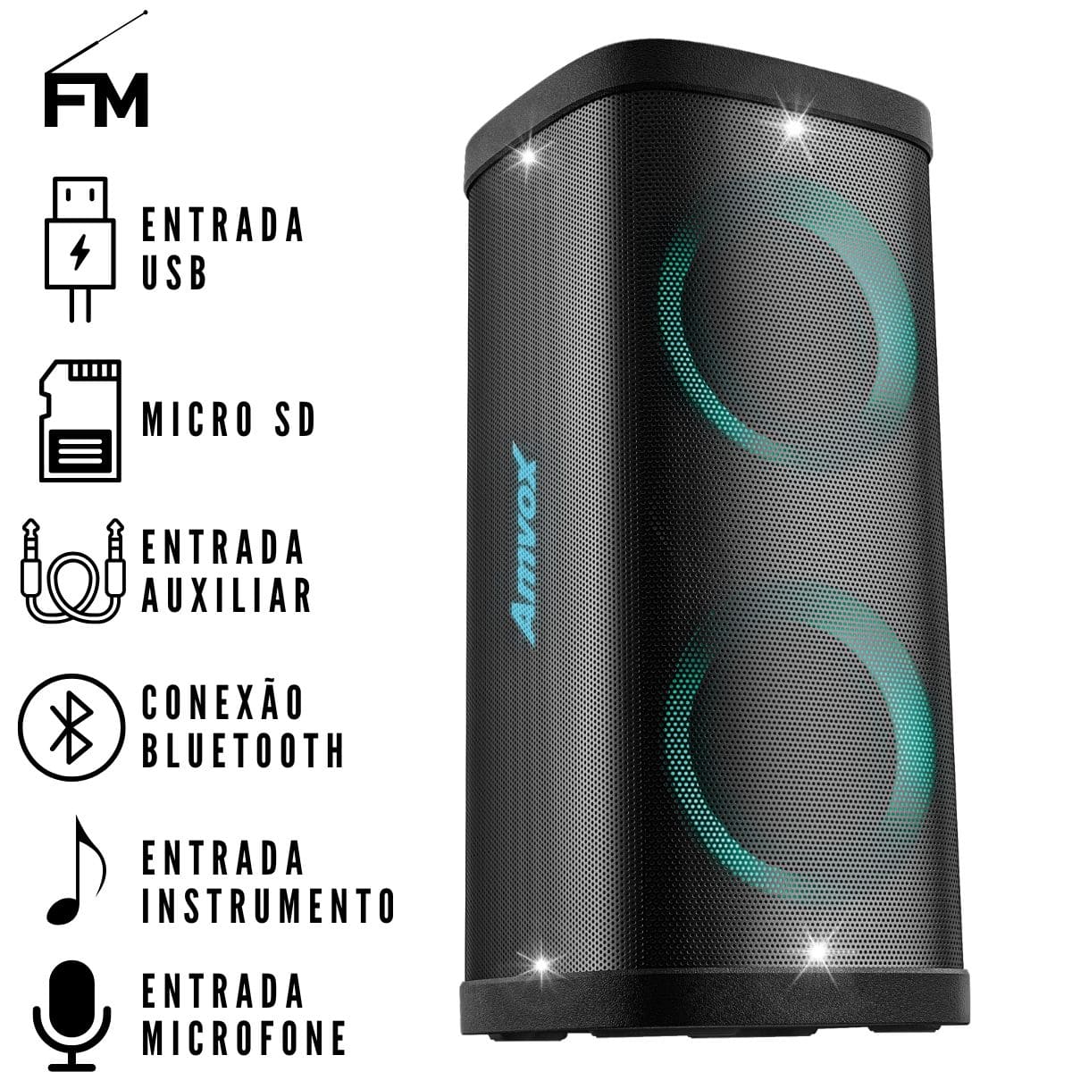 Caixa Amplif 1200W Amvox ACA1200 Party Vox Elite Woofer 6,5 LED/TWS/BT MicroSD Aux Bateria Biv - Imagem 4