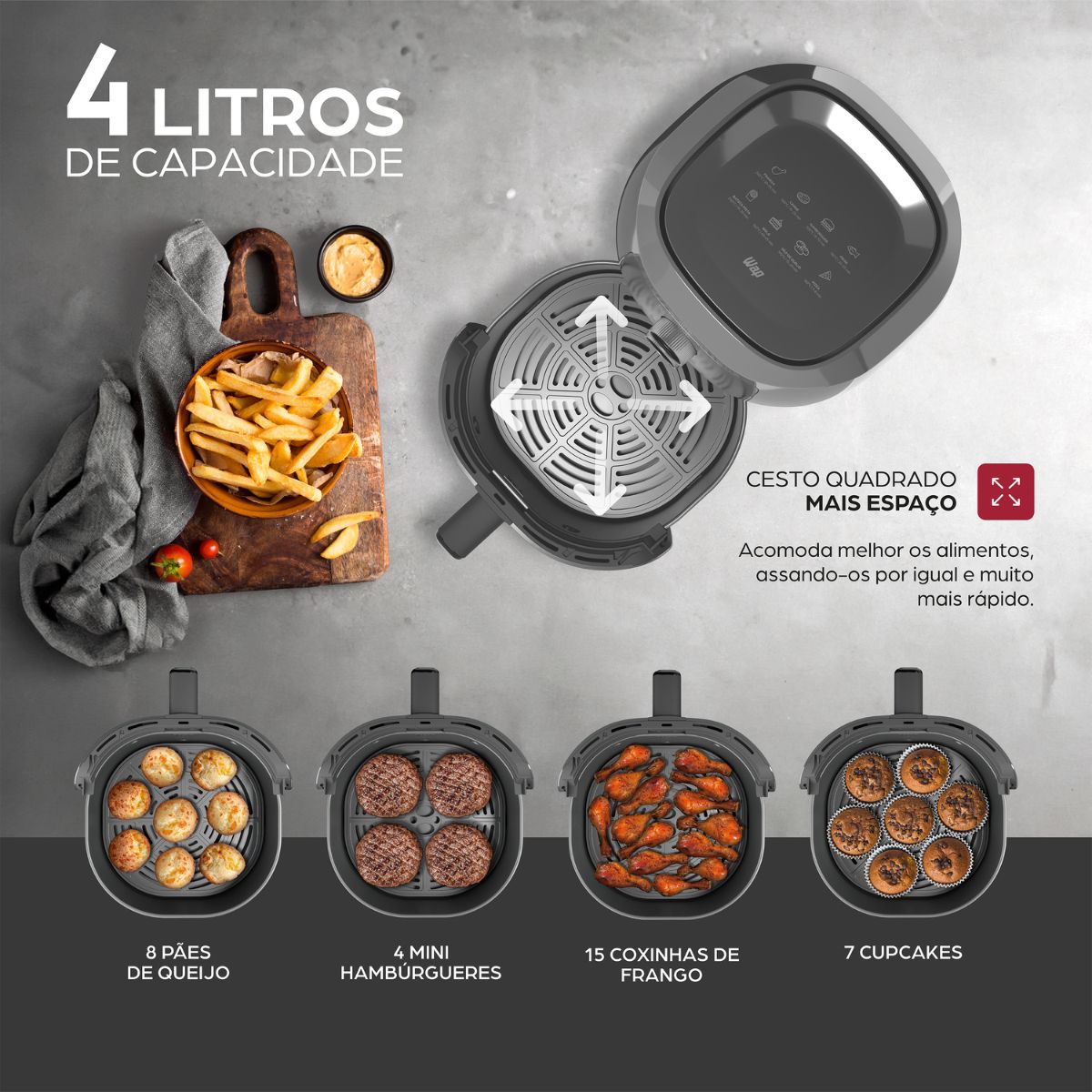 Fritadeira Elétrica Sem Óleo WAP Air Fryer Cinza 4L 1500W 127V - Imagem 10