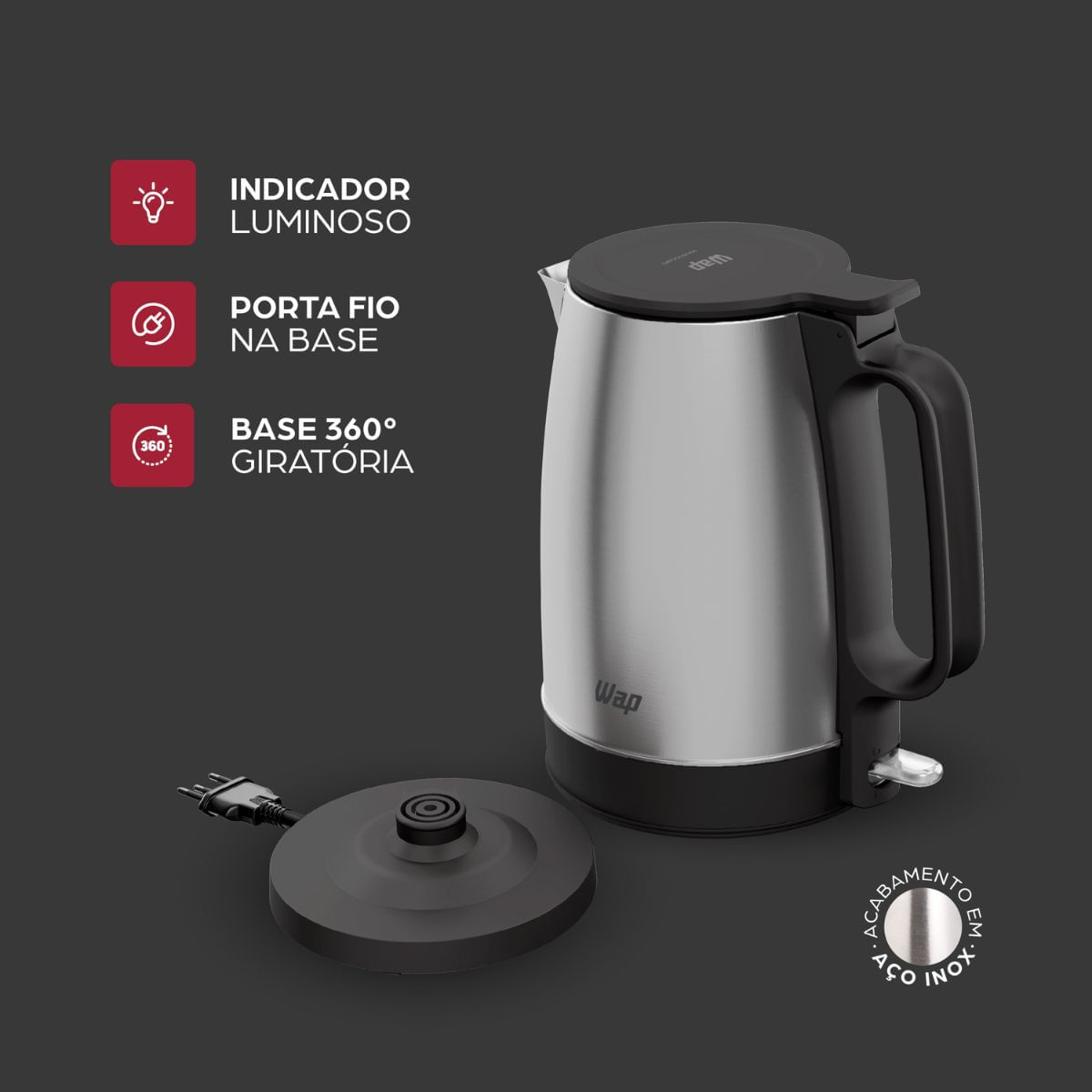 Chaleira Elétrica Wap 1200W WCE2 Portátil Aço Inox 1,7L Preto/Cinza 127V - Imagem 8