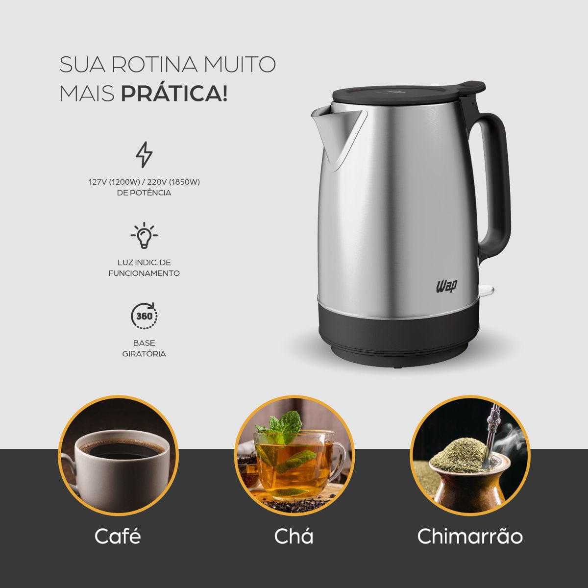 Chaleira Elétrica Wap 1200W WCE2 Portátil Aço Inox 1,7L Preto/Cinza 127V - Imagem 10
