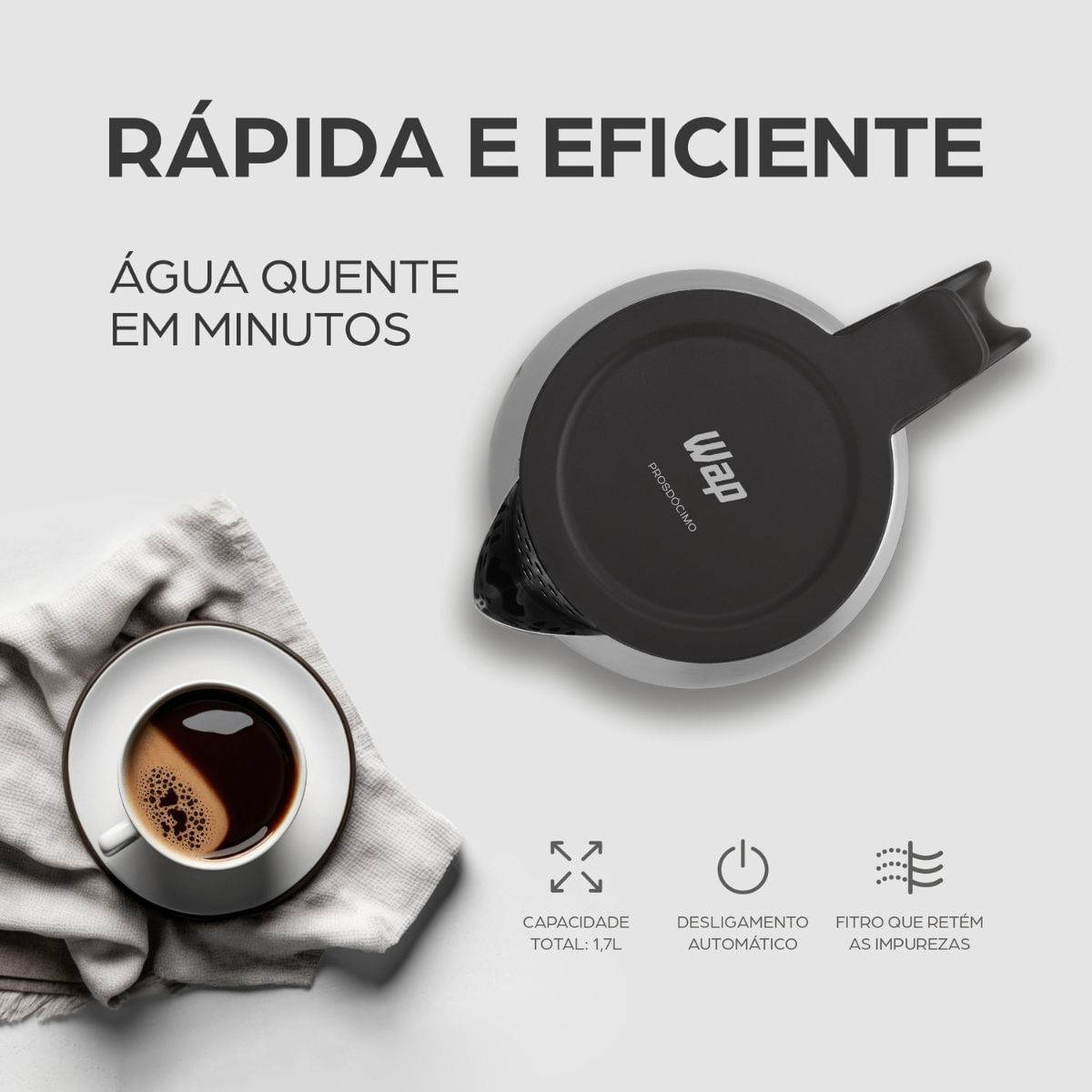 Chaleira Elétrica Wap 1200W WCE2 Portátil Aço Inox 1,7L Preto/Cinza 127V - Imagem 19