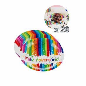 Kit Com 20 Pratos De Papel Decorativos Feliz Aniversário 18cm