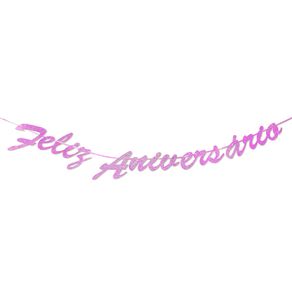 Faixa Decorativa Feliz Aniversário Rosa com Glitter - SilverFestas