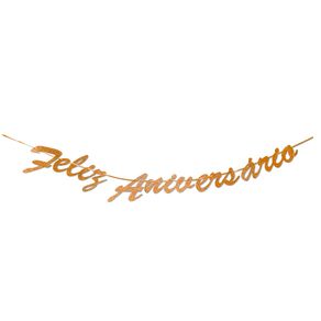 Faixa Decorativa Feliz Aniversario Rose Gold com Glitter - SilverFestas