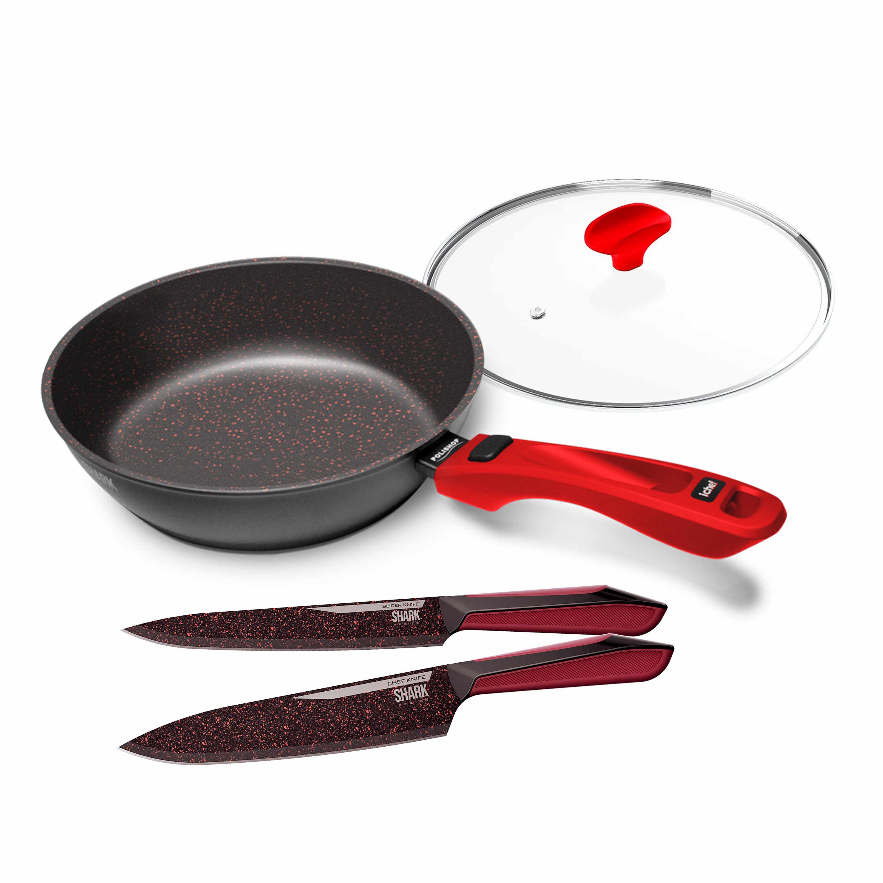 Panelas Ultra Day by Day 24cm com Tampa de Vidro Vermelho e Kit com 2 Facas Revestimento Ichef Red