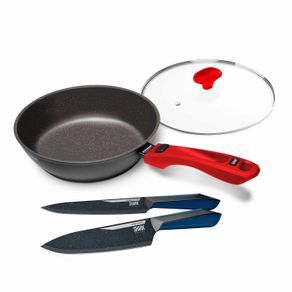 Panelas Ultra Day by Day 24cm com Tampa de Vidro Vermelho e Kit com 2 Facas Revestimento Ichef Blue | Ichef