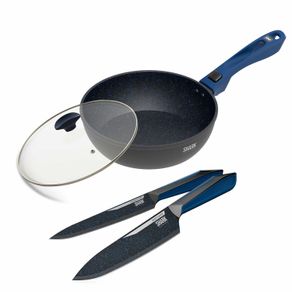 Panelas Ultra Day by Day 24cm com Tampa de Vidro Azul e Kit com 2 Facas Revestimento Ichef Blue Ichef