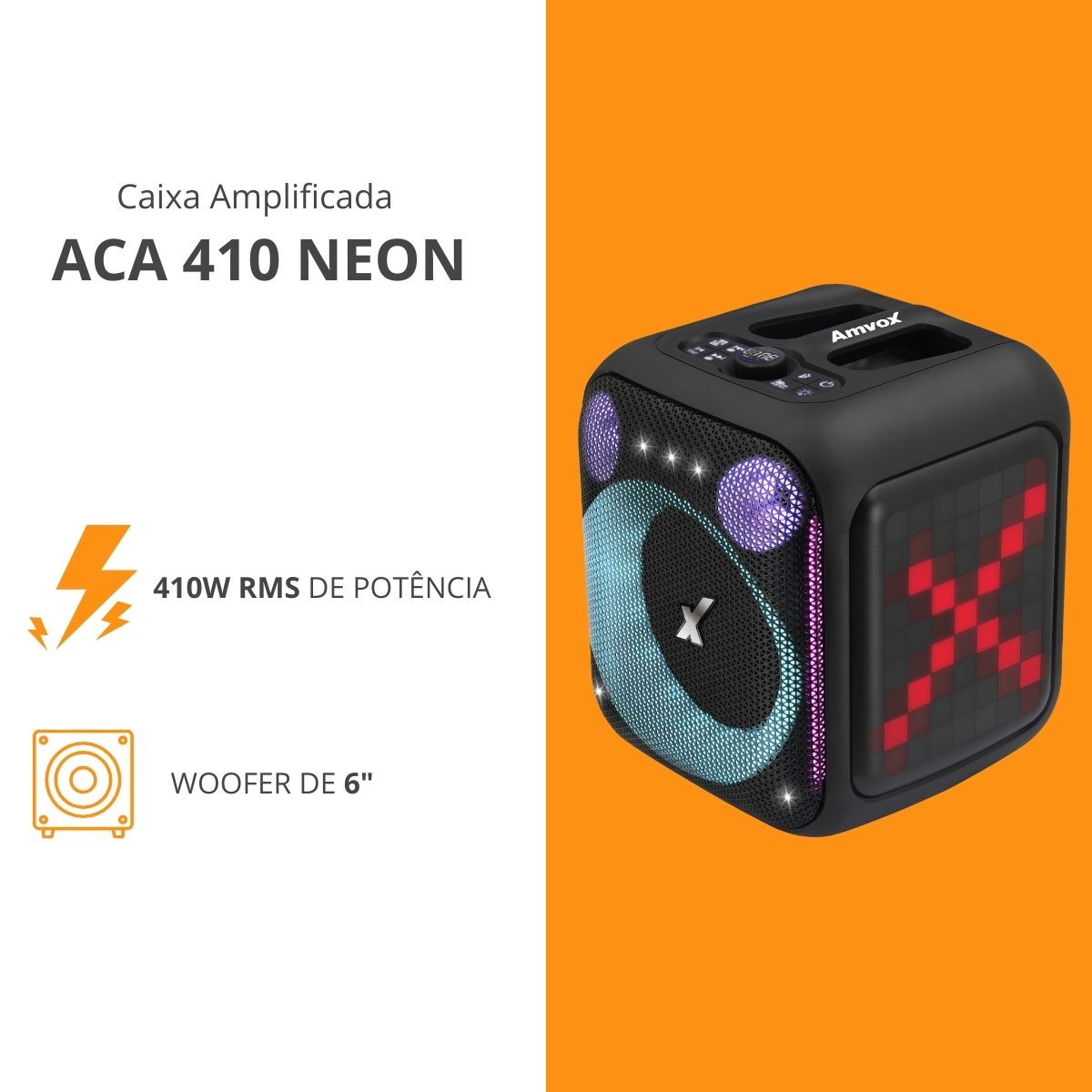 Caixa Amplif 410W Amvox ACA 410 NEON Woofer 6 Led BT USB Micro SD TWS Biv - Imagem 6