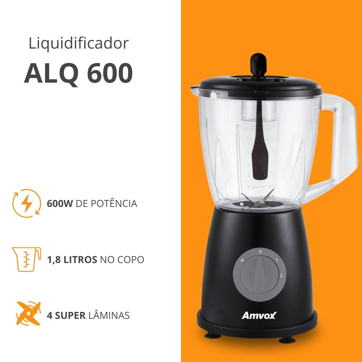 Liquidificador 600W 1,8L Amvox ALQ 600 2 Vel Black 110V - Imagem 5