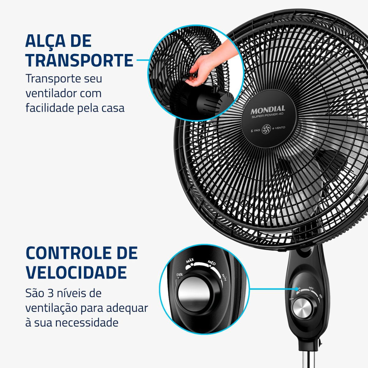 Ventilador de Coluna Mondial 40cm 140W Super Power 6p VSP-40C-NB Preto/Prata 110V - Imagem 6