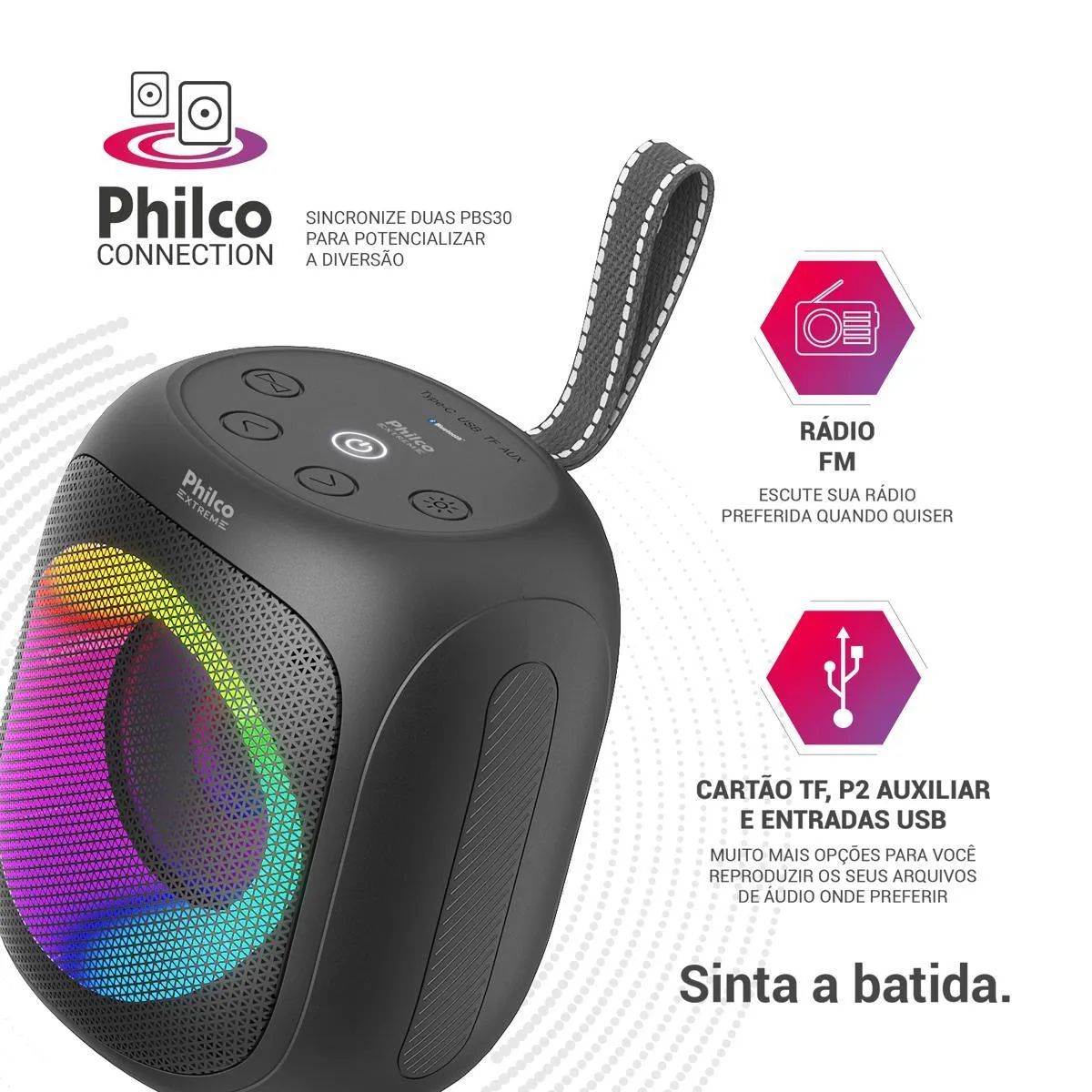 Caixa de Som Speaker Philco PBS30 Flash Lights FM Bluetooth V5.1 30W Black - Imagem 6