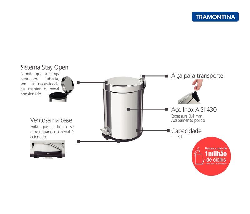 Lixeira Inox com Pedal Tramontina Brasil 3 L - Imagem 4