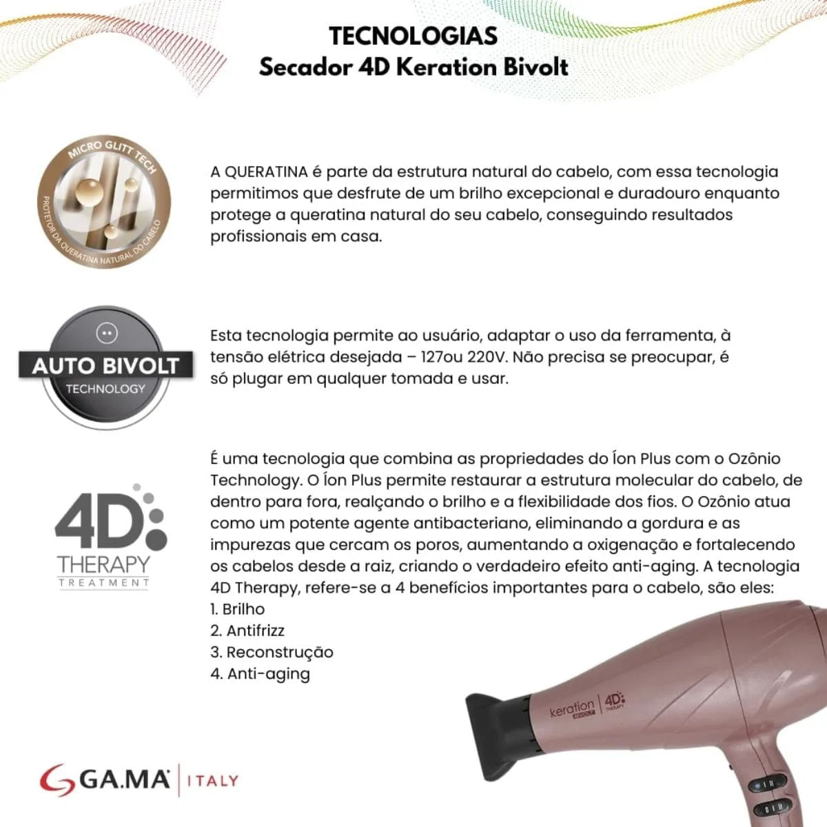 Secador de Cabelo GA.MA Italy 2500W 2 Vel Keration 4D Rosa BIV - Imagem 9