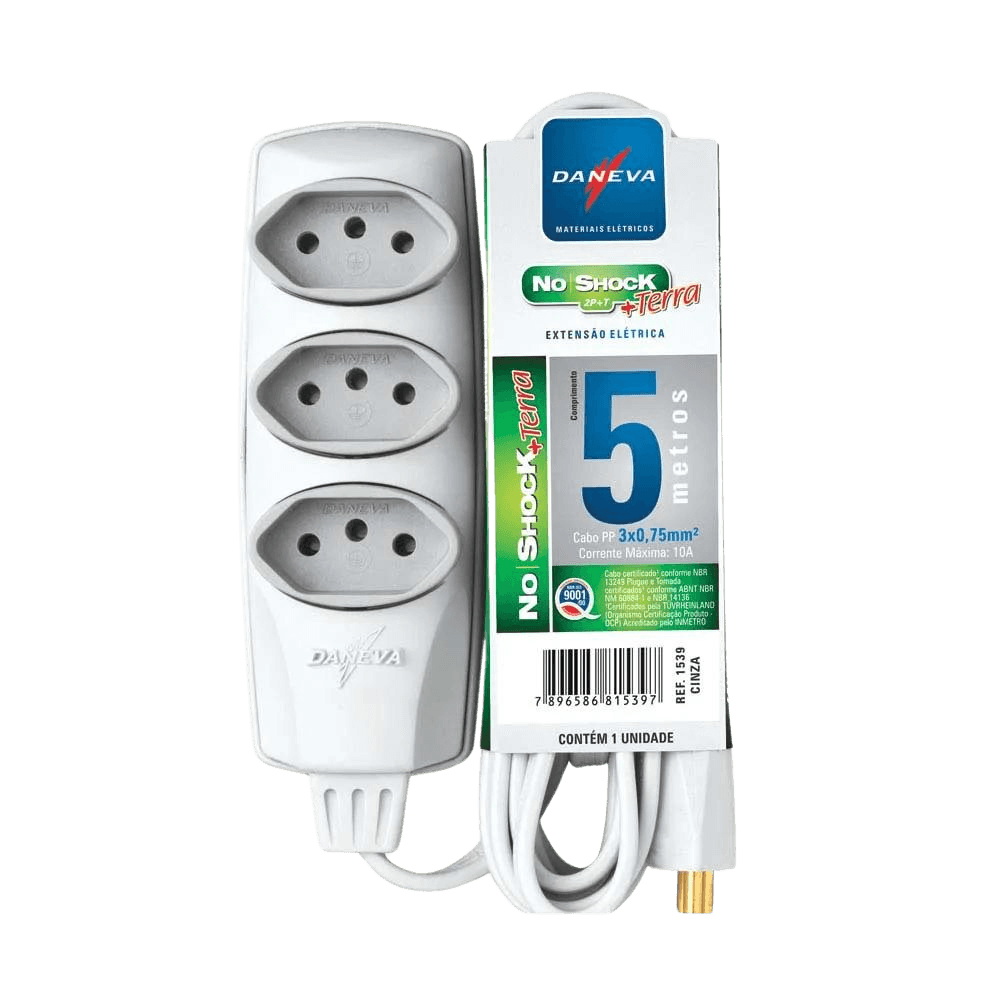 Extensão 2P+T No Shock 90 Cabo PP Plano 5 Metros 3x0,75mm² 10A 250V Cod. DN1539 - Daneva