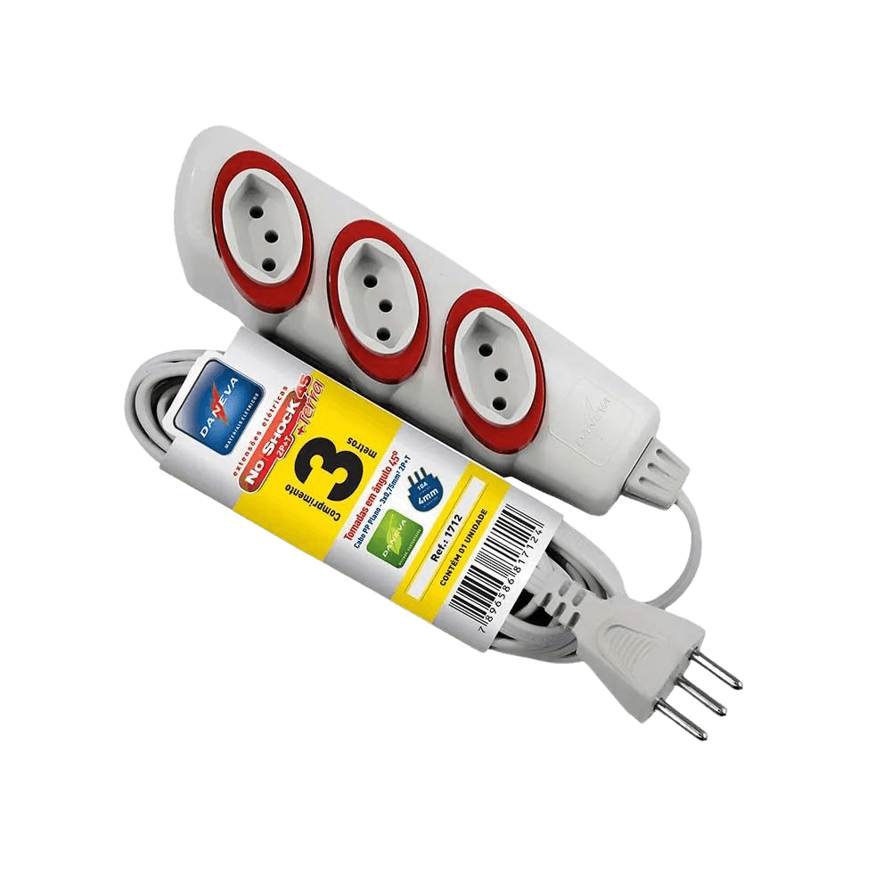 Extensão 2P+T No Shock 45 Cabo Paralelo 3 Metros 3x0,75mm² 10A 250V Gelo Cod. DN1712 - Daneva