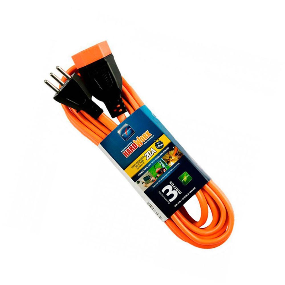 Cordão Prolongador Macho/Fêmea 2P+T Hardwork Cabo PP Plano 3x2,50mm² 20A 250V Laranja - Daneva