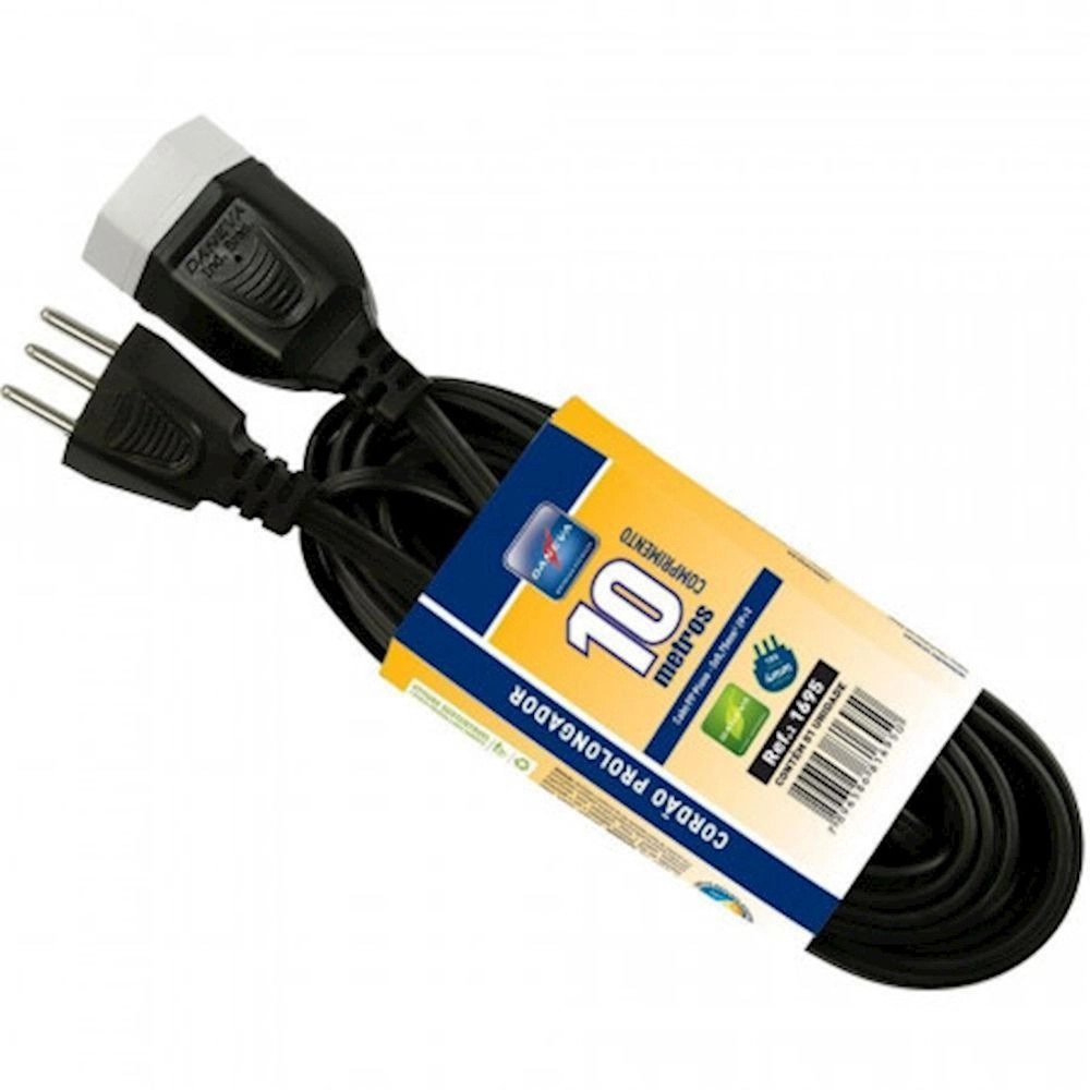 Cordão Prolongador Macho/Fêmea 2P+T Cabo PP Plano 10 Metros 3x0,75mm² 10A 250V Preto Cod. DN1695 - Daneva