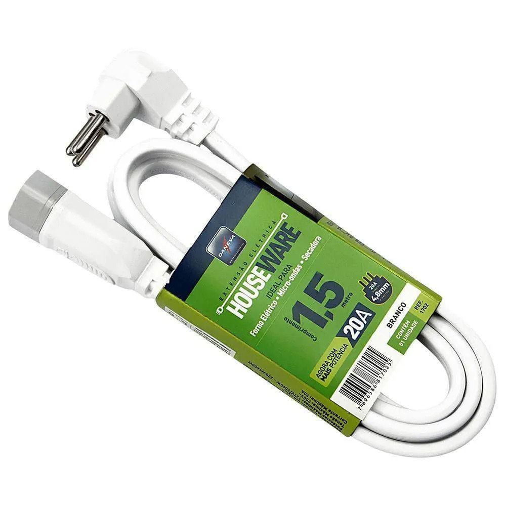 Cordão Prolongador Macho/Fêmea 2P+T Houseware Cabo PP Plano 1,5 Metros 3x2,50mm² 20A 250V Branco Cod. DN1702 - Daneva