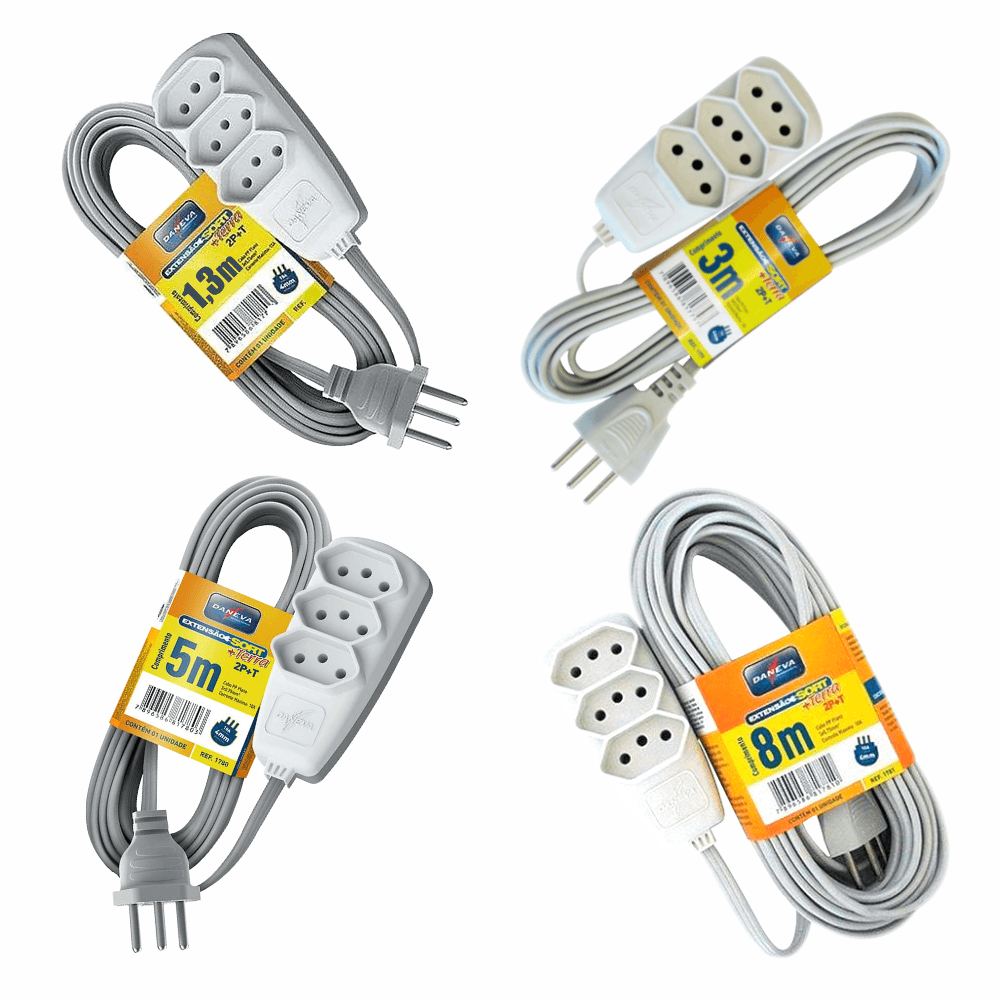 Extensão 2P+T Sort Cabo PP Plano 3x0,75mm² 10A 250V 3 Tomadas - Daneva