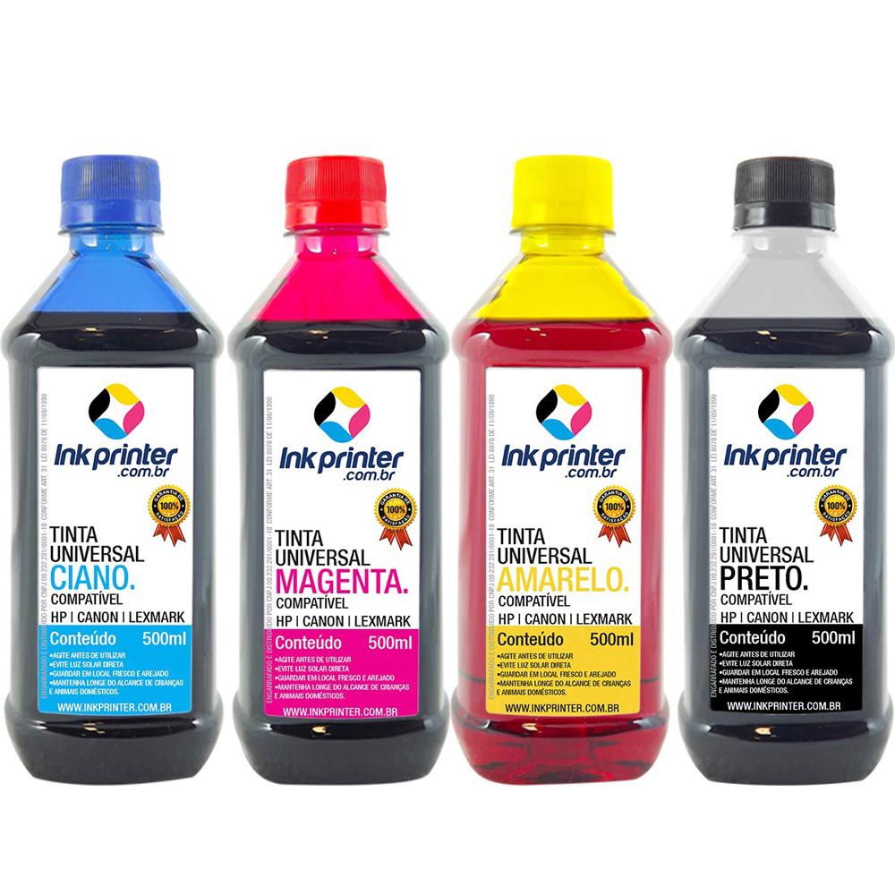 Tinta InkPrinter Universal para Recarga de Cartucho HP, Lexmark, Canon, Brother (4x500ml)