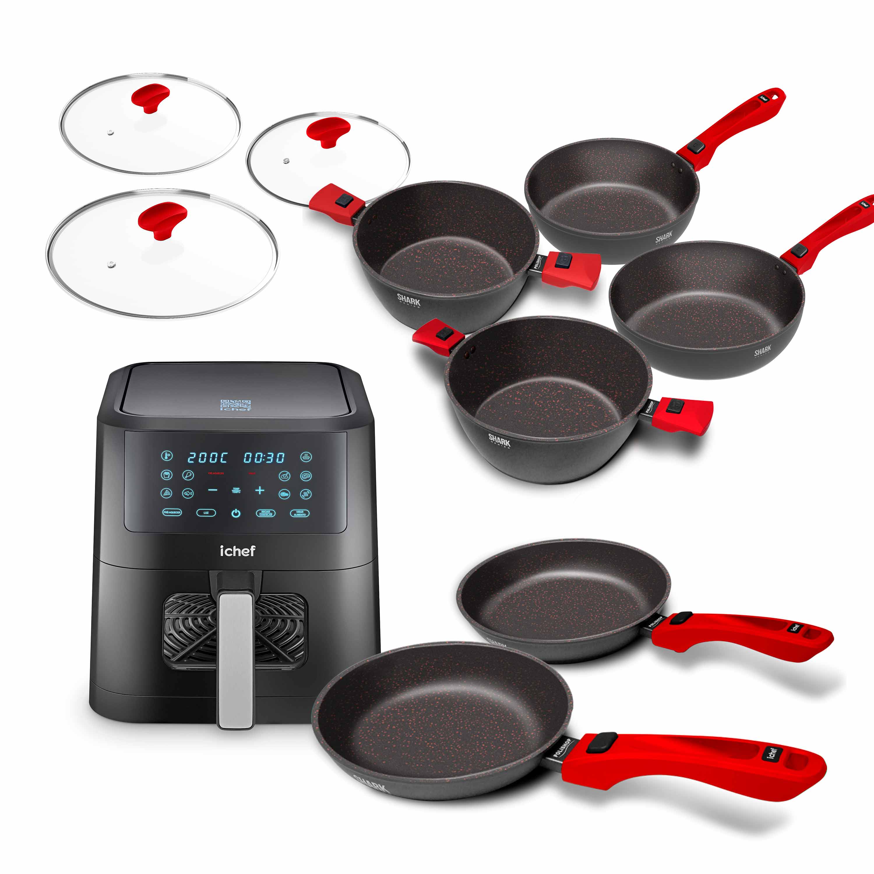 Super Combo Ichef Ultra 6 Panelas com 3 Tampas Vermelha e Airfryer Ichef Smart Vision 6L